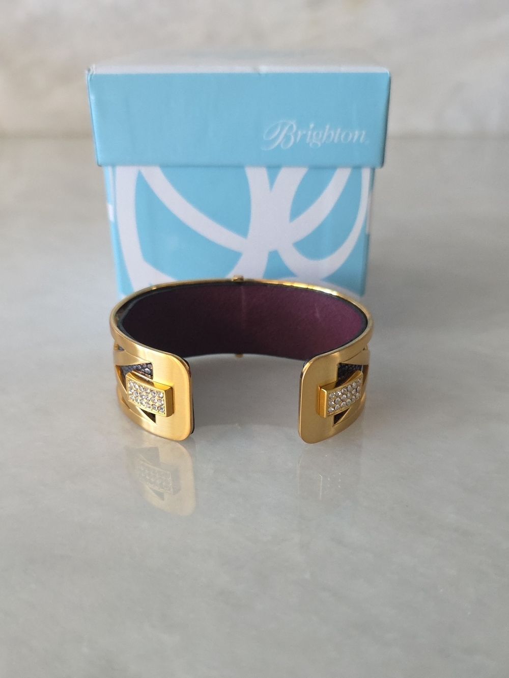 Brighton Gold-Tone Cuff Crystal Bracelet Reversable Leather Insert